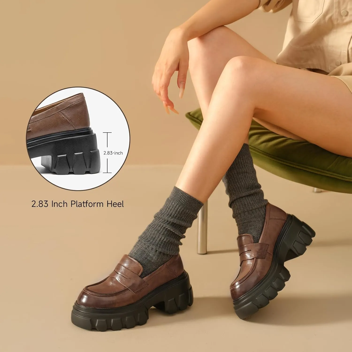 BEAU TODAY Platform Loafers for Women,Chunky Loafers Women,Penny Leather Slip-on Lug Sole Loafers,Round Toe Comfort Casual Fashion Business Work Shoes