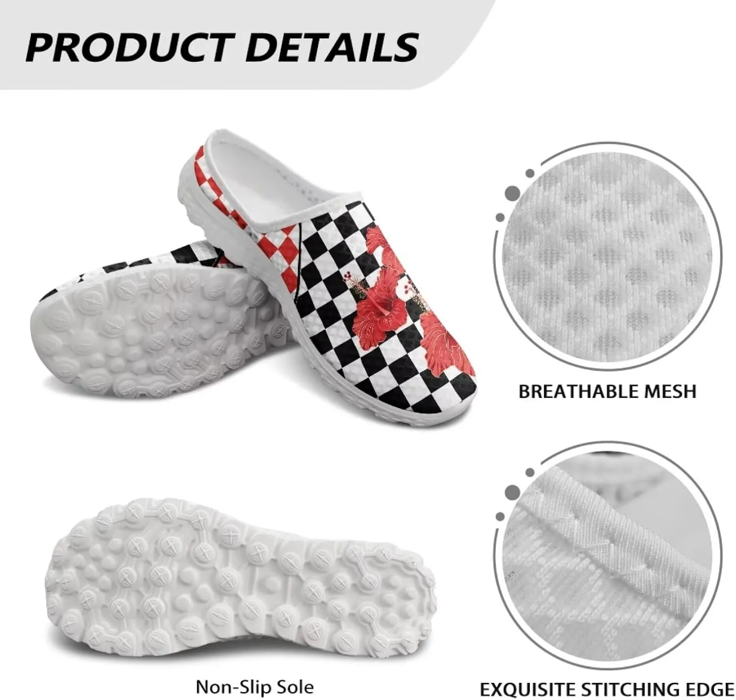 Checkerboard Womens Slip On Clogs Mules Slip-On Walking Yoga Shoes Breathable Mesh Slippers Garden Loafers