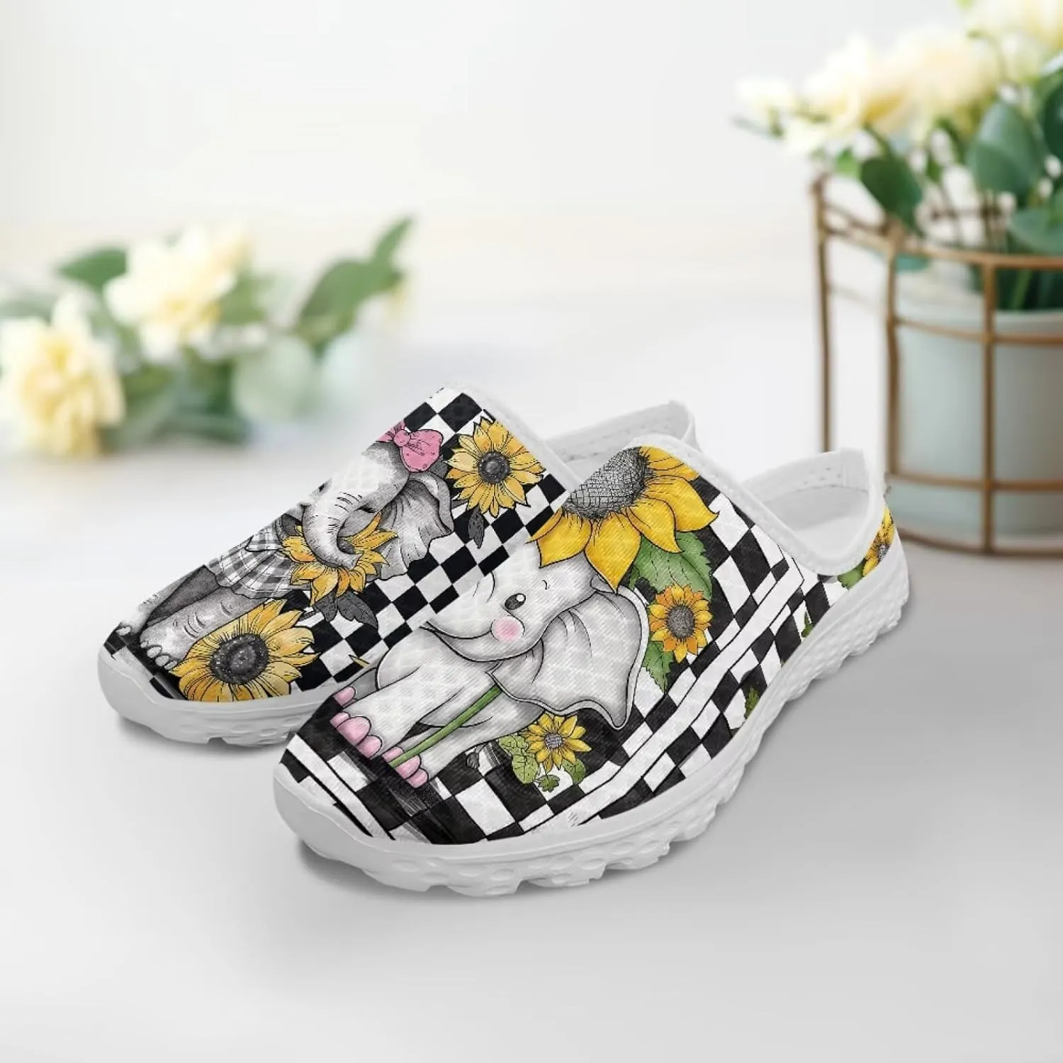 Checkerboard Womens Slip On Clogs Mules Slip-On Walking Yoga Shoes Breathable Mesh Slippers Garden Loafers