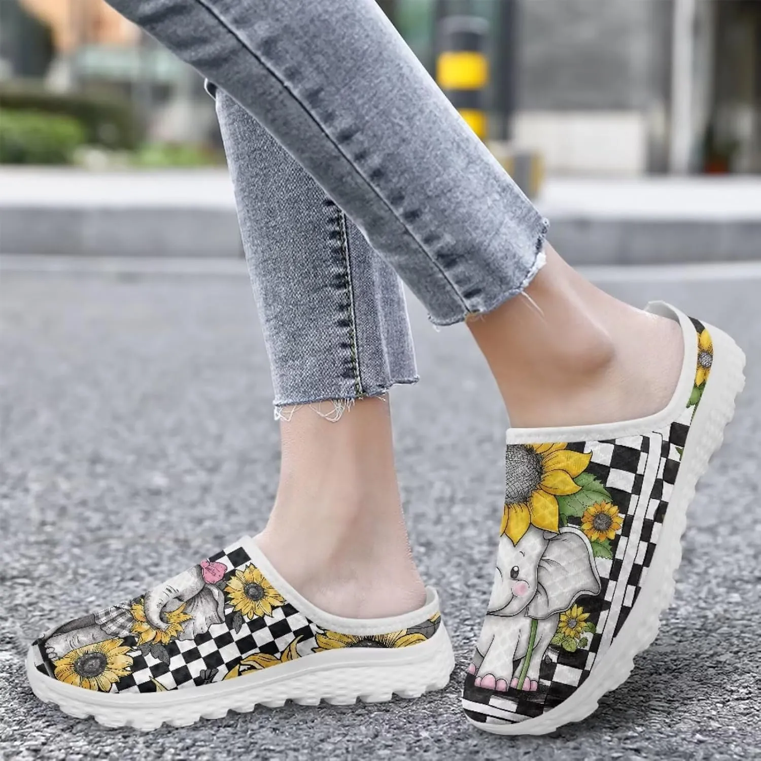 Checkerboard Womens Slip On Clogs Mules Slip-On Walking Yoga Shoes Breathable Mesh Slippers Garden Loafers