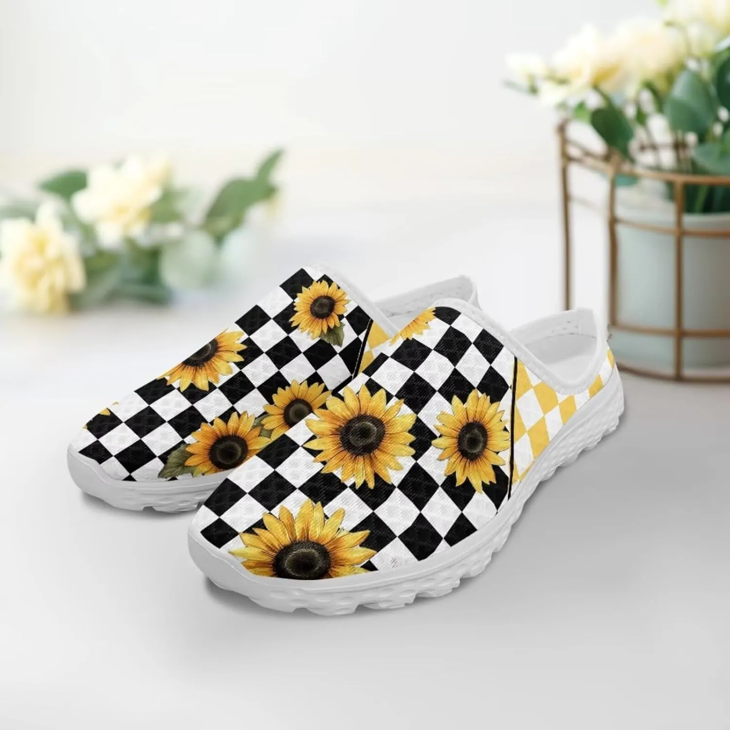 Checkerboard Womens Slip On Clogs Mules Slip-On Walking Yoga Shoes Breathable Mesh Slippers Garden Loafers