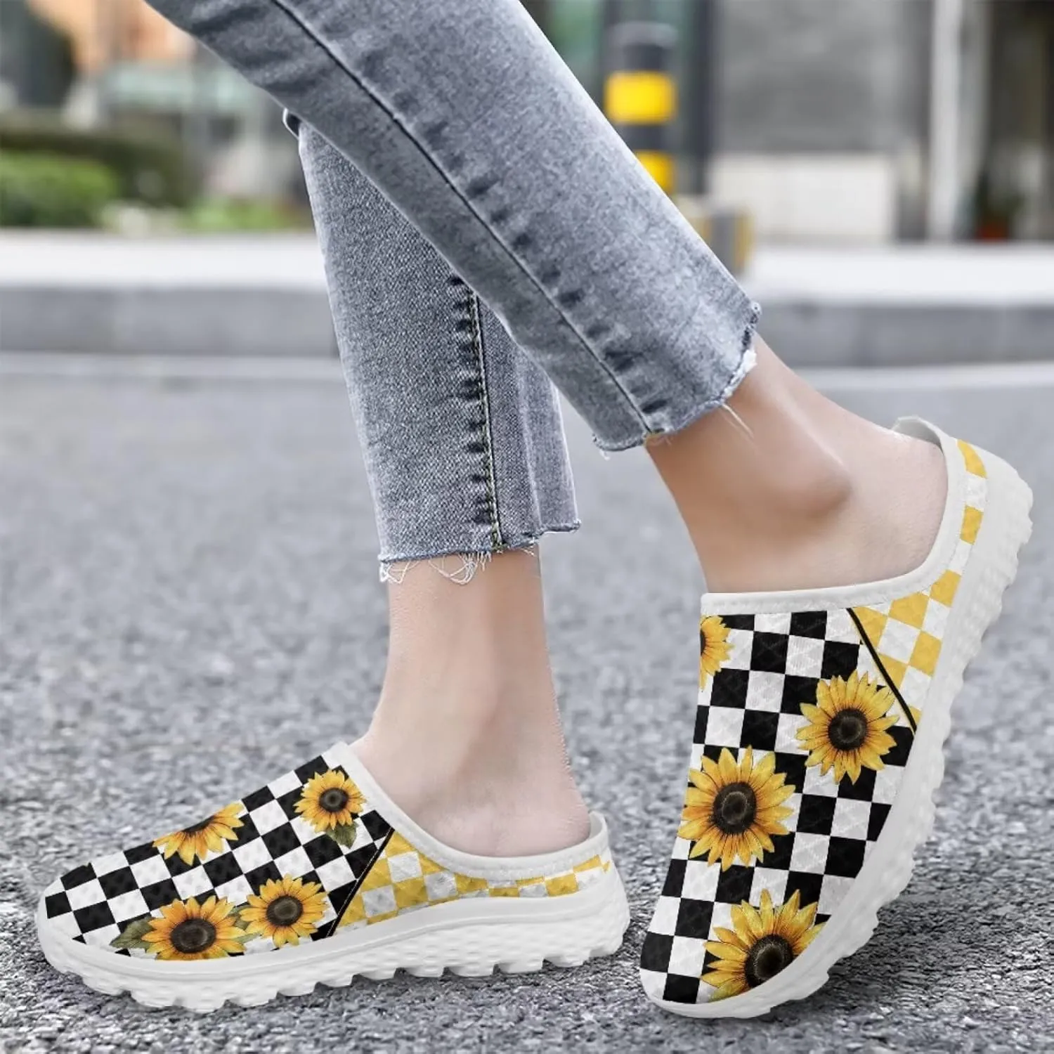 Checkerboard Womens Slip On Clogs Mules Slip-On Walking Yoga Shoes Breathable Mesh Slippers Garden Loafers