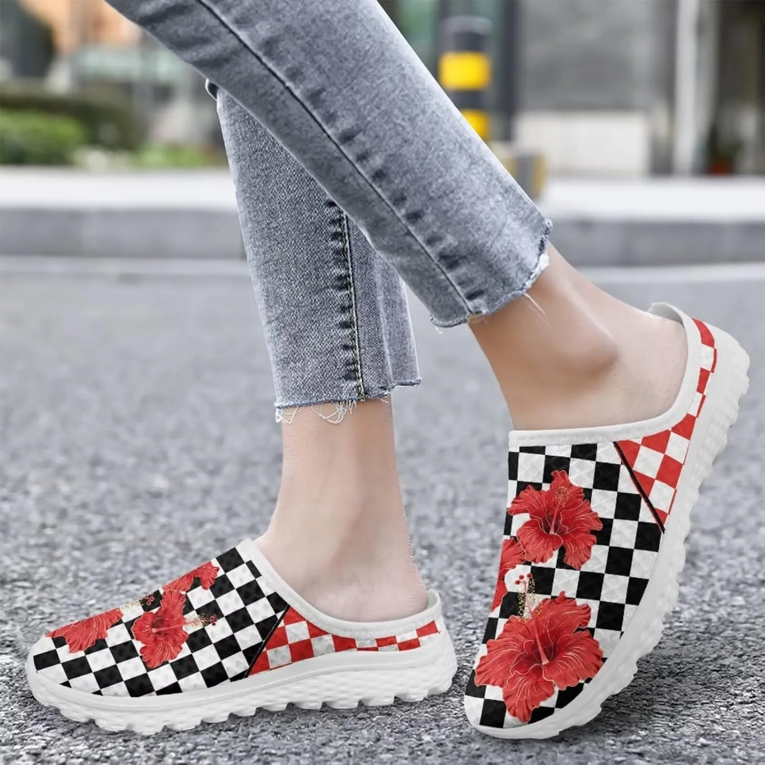 Checkerboard Womens Slip On Clogs Mules Slip-On Walking Yoga Shoes Breathable Mesh Slippers Garden Loafers