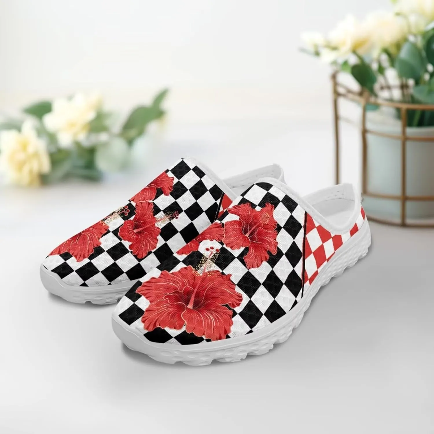 Checkerboard Womens Slip On Clogs Mules Slip-On Walking Yoga Shoes Breathable Mesh Slippers Garden Loafers