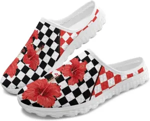 Checkerboard Womens Slip On Clogs Mules Slip-On Walking Yoga Shoes Breathable Mesh Slippers Garden Loafers