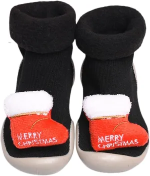 Christmas Toddler Socks Shoes Cartoon Pattern Baby Girls Boys Indoor Shoes High Heel Knit Wool Rubber Sole Shoes
