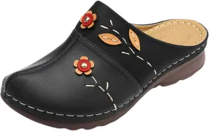 Clogs for Women Slip On Mules Wedge Orthopedic Sandals for Women with Arch Support Close Toe Slip On Soft Soles Flowers Wedge Sandal Comfortable Walking Sandals for Womens Lightweight Trendy Slippers