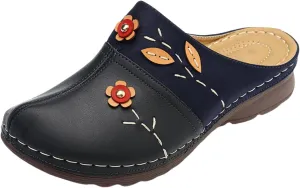 Clogs for Women Slip On Mules Wedge Orthopedic Sandals for Women with Arch Support Close Toe Slip On Soft Soles Flowers Wedge Sandal Comfortable Walking Sandals for Womens Lightweight Trendy Slippers