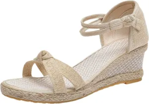 Dressy Open Toe Sandals Platform Wedge with Cushioned Insole and Ankle Strap Buckle,Strappy Comfortable Summer Orthopedic Flat Arch Support Casual Strappy Espadrille Walking Slippers