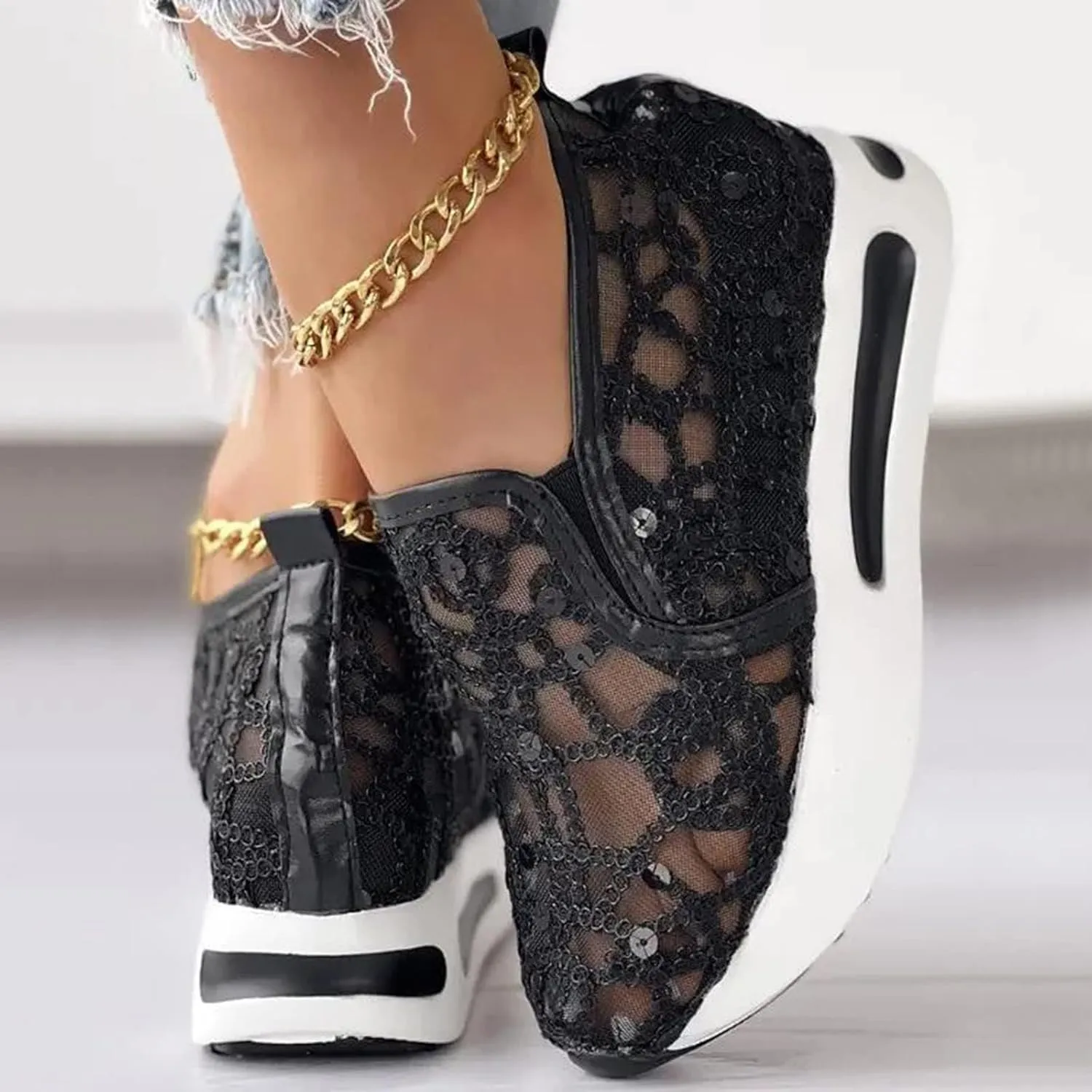 Fashion Sneakers for Women Platform Slip On Sneakers Floral Embroidery Breathable Sheer Mesh Lace Sneaker Dressy Casual Walking Shoes Comfortable Casual Wedge Slip On Work Shoes