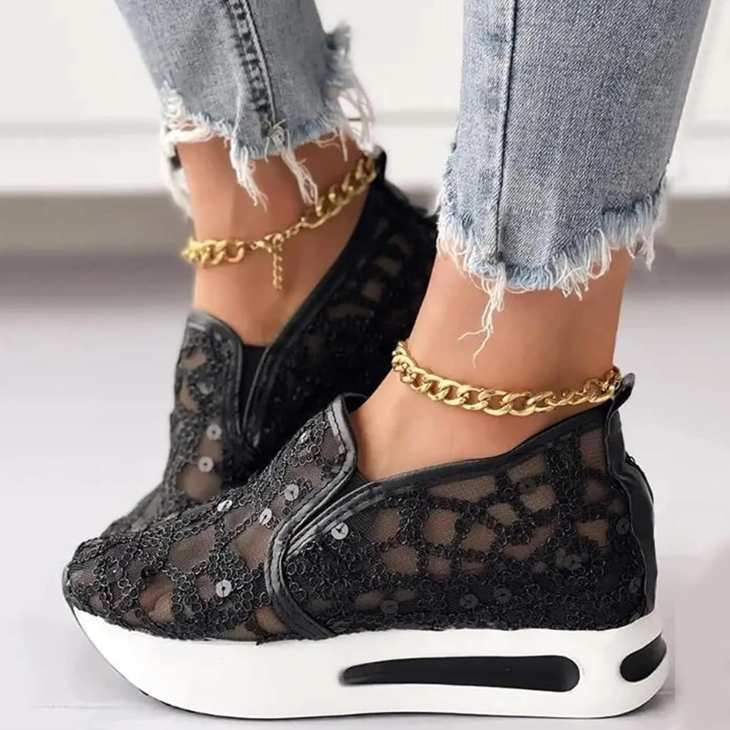Fashion Sneakers for Women Platform Slip On Sneakers Floral Embroidery Breathable Sheer Mesh Lace Sneaker Dressy Casual Walking Shoes Comfortable Casual Wedge Slip On Work Shoes
