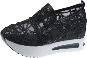 Fashion Sneakers for Women Platform Slip On Sneakers Floral Embroidery Breathable Sheer Mesh Lace Sneaker Dressy Casual Walking Shoes Comfortable Casual Wedge Slip On Work Shoes