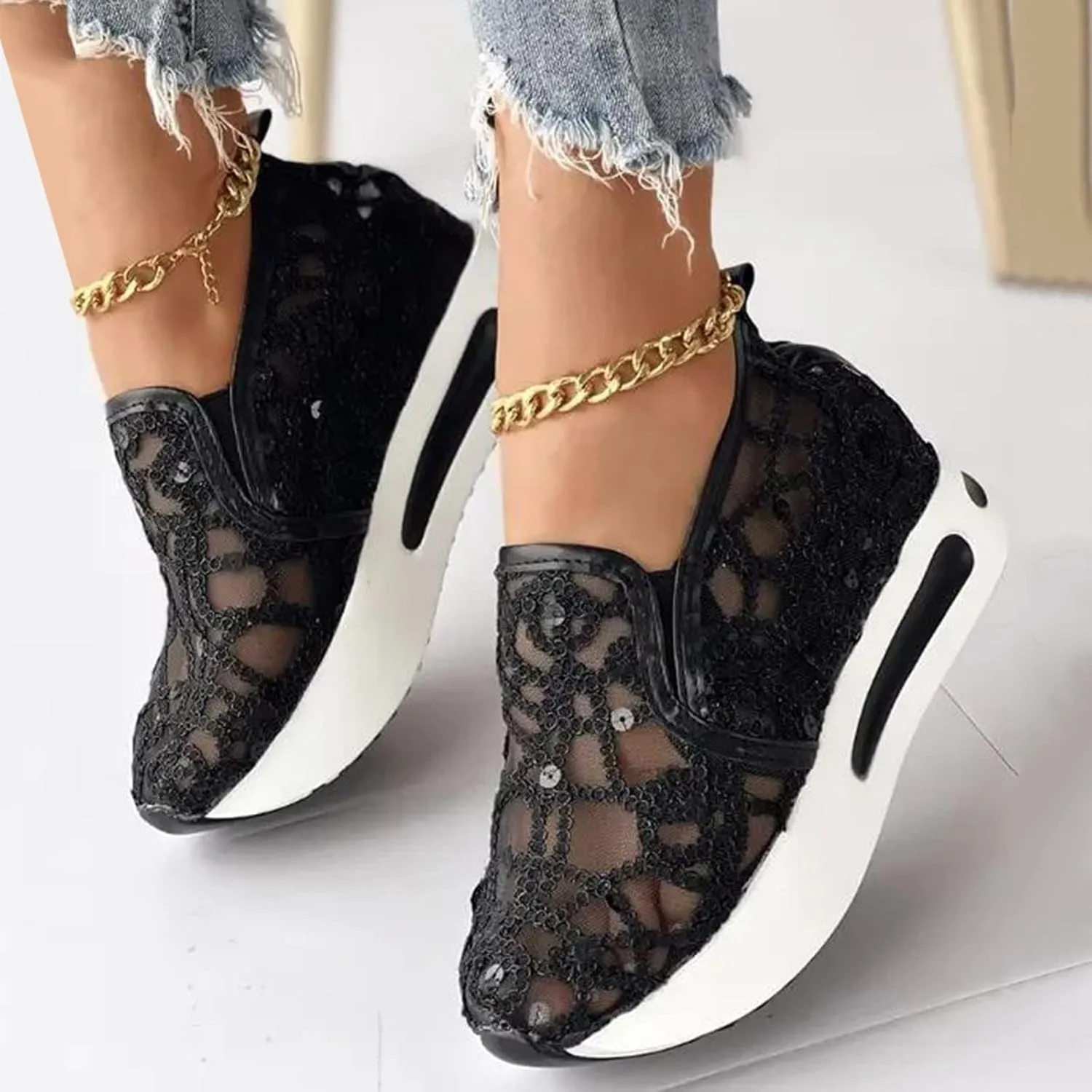 Fashion Sneakers for Women Platform Slip On Sneakers Floral Embroidery Breathable Sheer Mesh Lace Sneaker Dressy Casual Walking Shoes Comfortable Casual Wedge Slip On Work Shoes