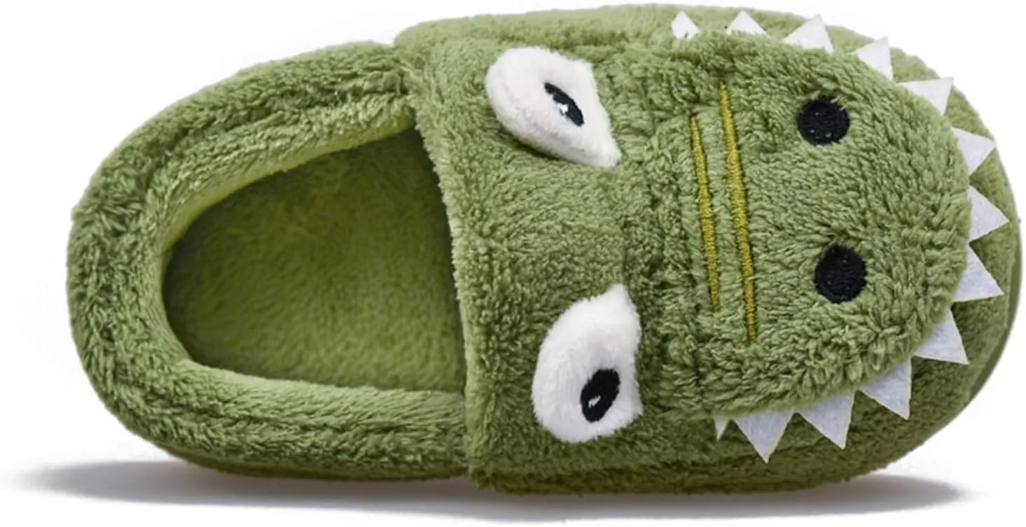 Kids Cartoon Dinosaur Slippers Boys Girls Plush Non-Slip House Slippers Fleece Warm Soft Slip-On Bedroom Shoes