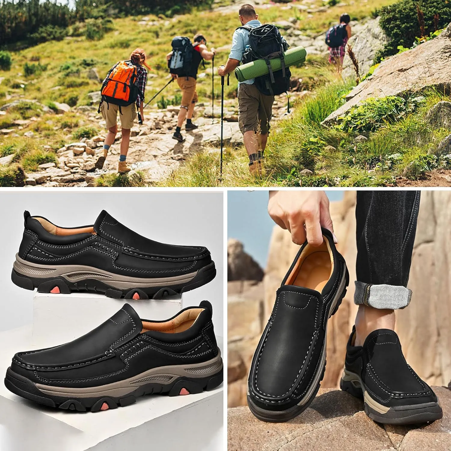 Men Casual Leather Sneakers Loafers Oxford Outdoor Walking Shoes Fashion Hiking Shoes Lightweight Slip on Walking Sneakers