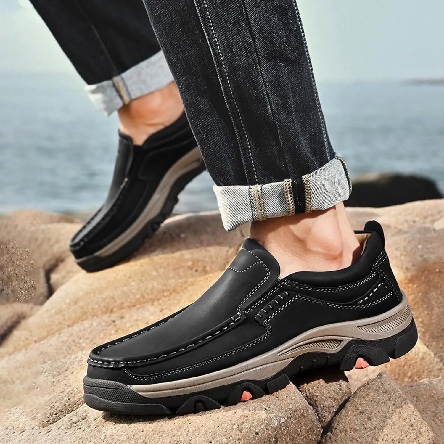 Men Casual Leather Sneakers Loafers Oxford Outdoor Walking Shoes Fashion Hiking Shoes Lightweight Slip on Walking Sneakers