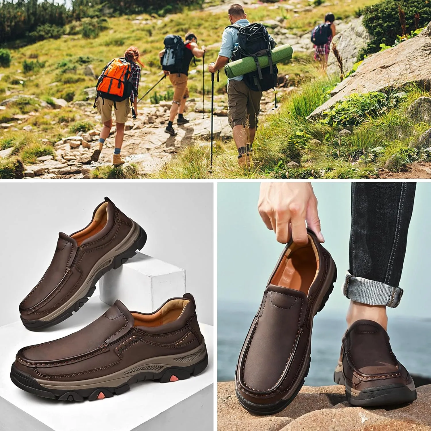 Men Casual Leather Sneakers Loafers Oxford Outdoor Walking Shoes Fashion Hiking Shoes Lightweight Slip on Walking Sneakers