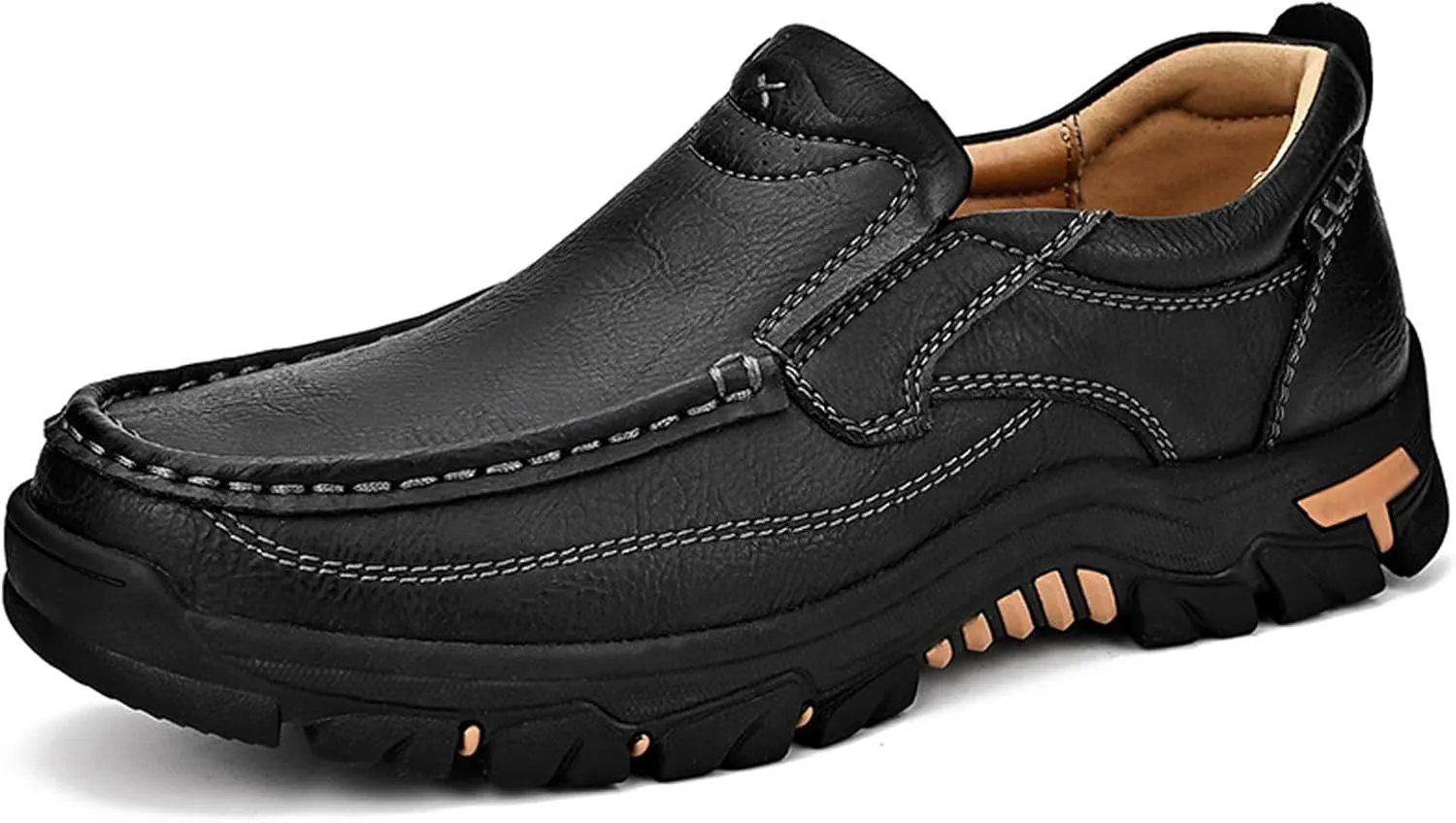 Men Slip on Loafers, Leather Hiking Shoes, Waterproof Causal Sneakers, Work Walking Slippers, Easy Wear on/Off, for Travel, Camping, Running
