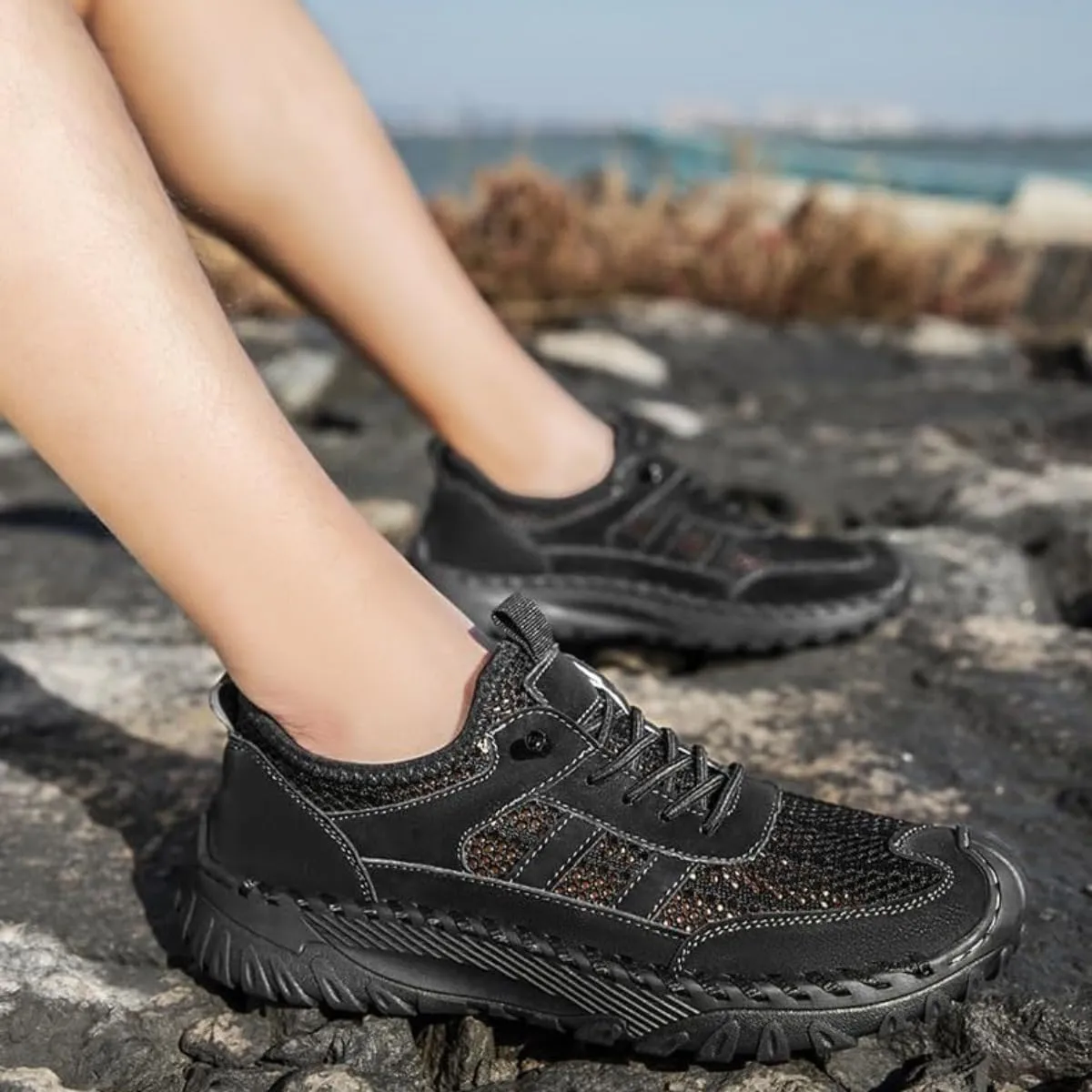 Men's Handmade Breathable Non-Slip Hiking Shoes Summer Outdoor Lightweight Slip-on Mesh Casual Sneakers Hiking Shoes