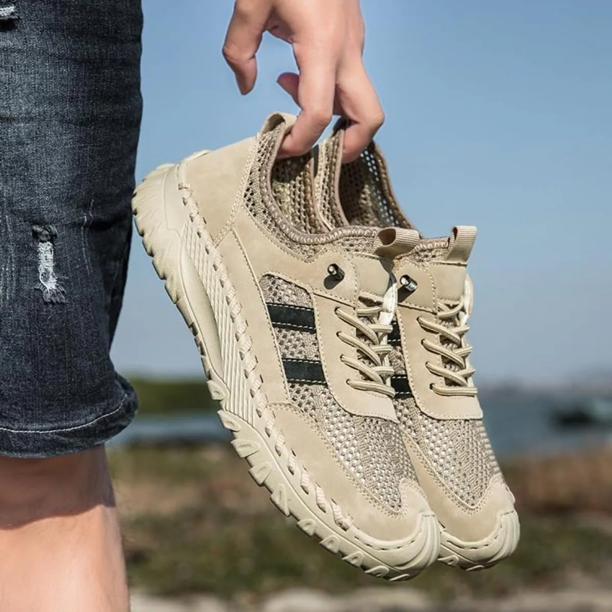 Men's Handmade Breathable Non-Slip Hiking Shoes Summer Outdoor Lightweight Slip-on Mesh Casual Sneakers Hiking Shoes
