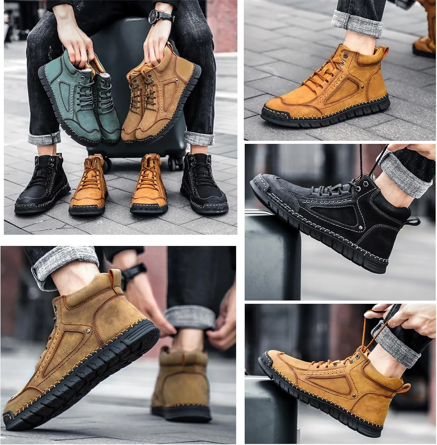 Mens Work Shoes, Men's Casual Leather Handmade Non-Slip Arch Support Loafers,Mens Slip On Shoes
