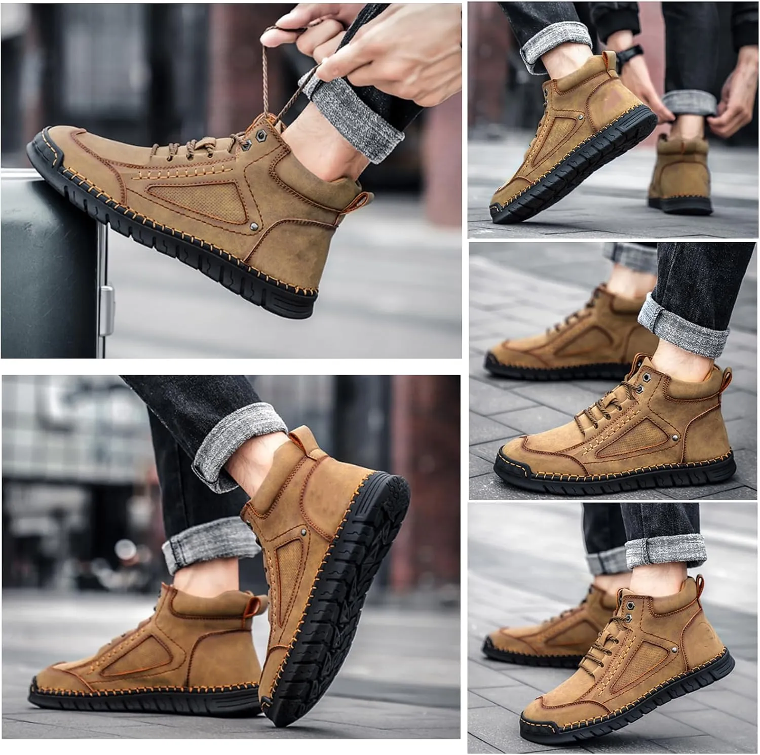 Mens Work Shoes, Men's Casual Leather Handmade Non-Slip Arch Support Loafers,Mens Slip On Shoes
