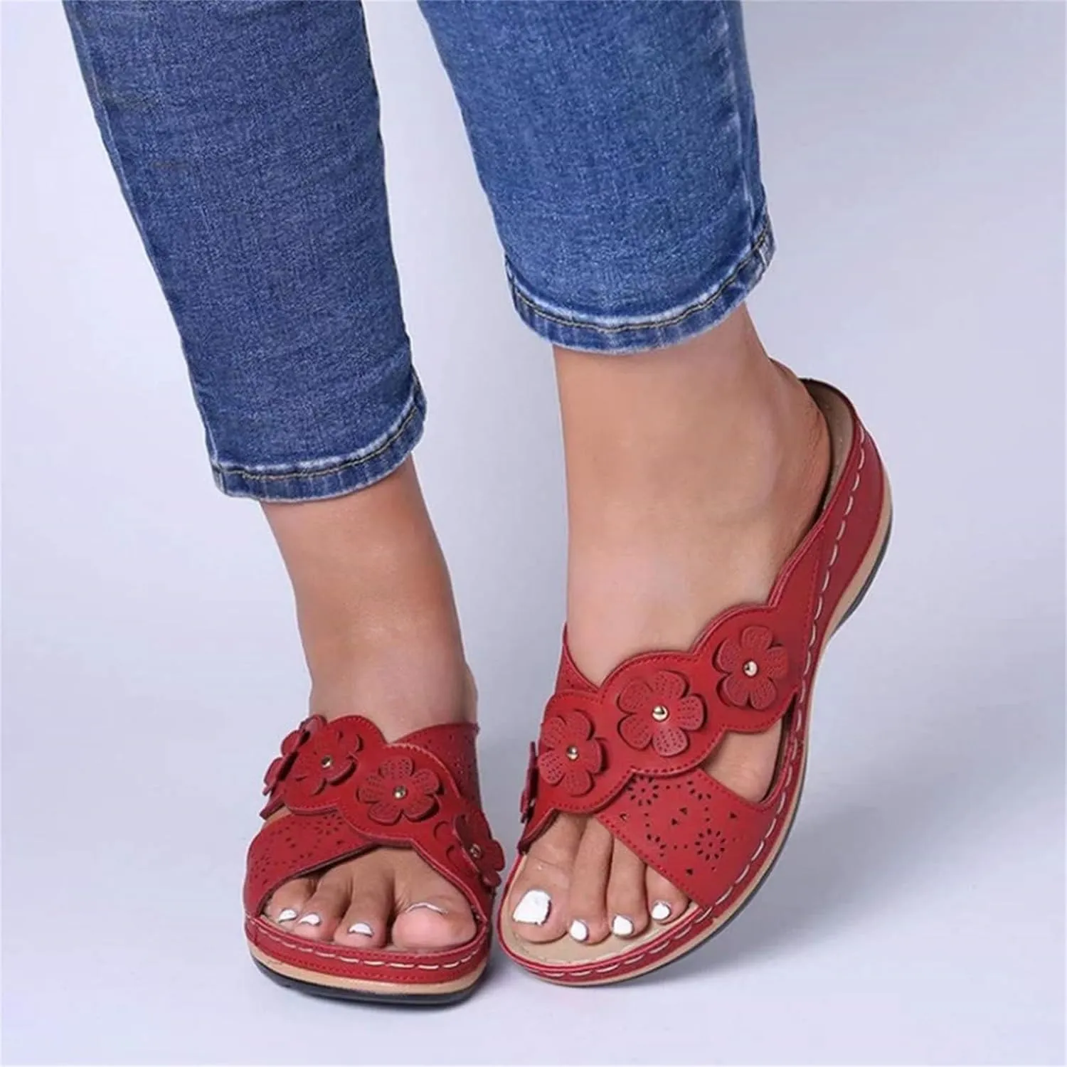 Orthopedic Slippers for Women Indoor Comfortable Flower Sandals Orthotic Slides Ladies Outdoor Walking Shoes Soft Cushion Open Toe Flats Wide Feet Sandals Dressy Summer Slippers Casual Footwear