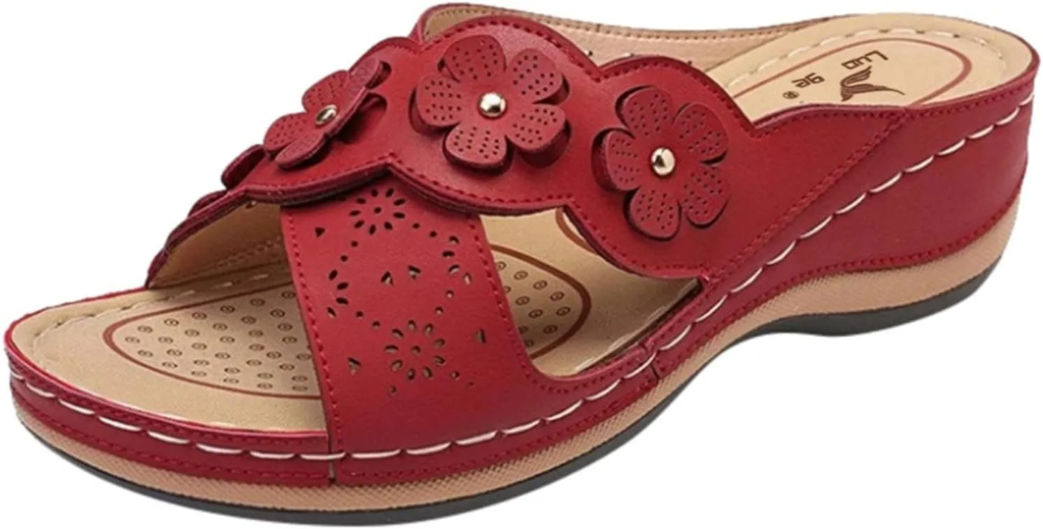 Orthopedic Slippers for Women Indoor Comfortable Flower Sandals Orthotic Slides Ladies Outdoor Walking Shoes Soft Cushion Open Toe Flats Wide Feet Sandals Dressy Summer Slippers Casual Footwear