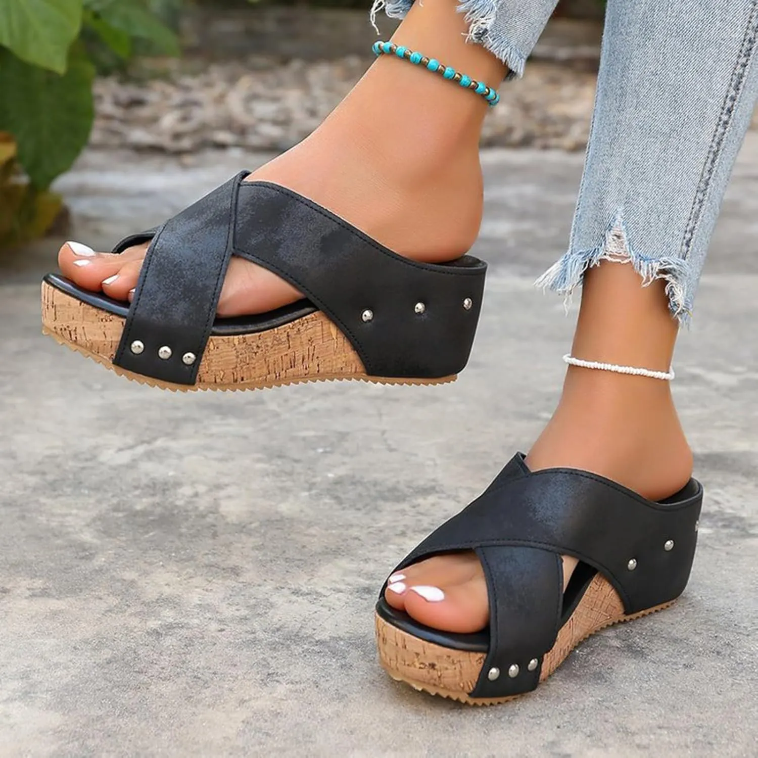 Orthopedic Wedge Sandals for Women Arch Support Comfortable Open Toe Leather Cross Strap Slippers Wide Width Summer Slip On Shoes
