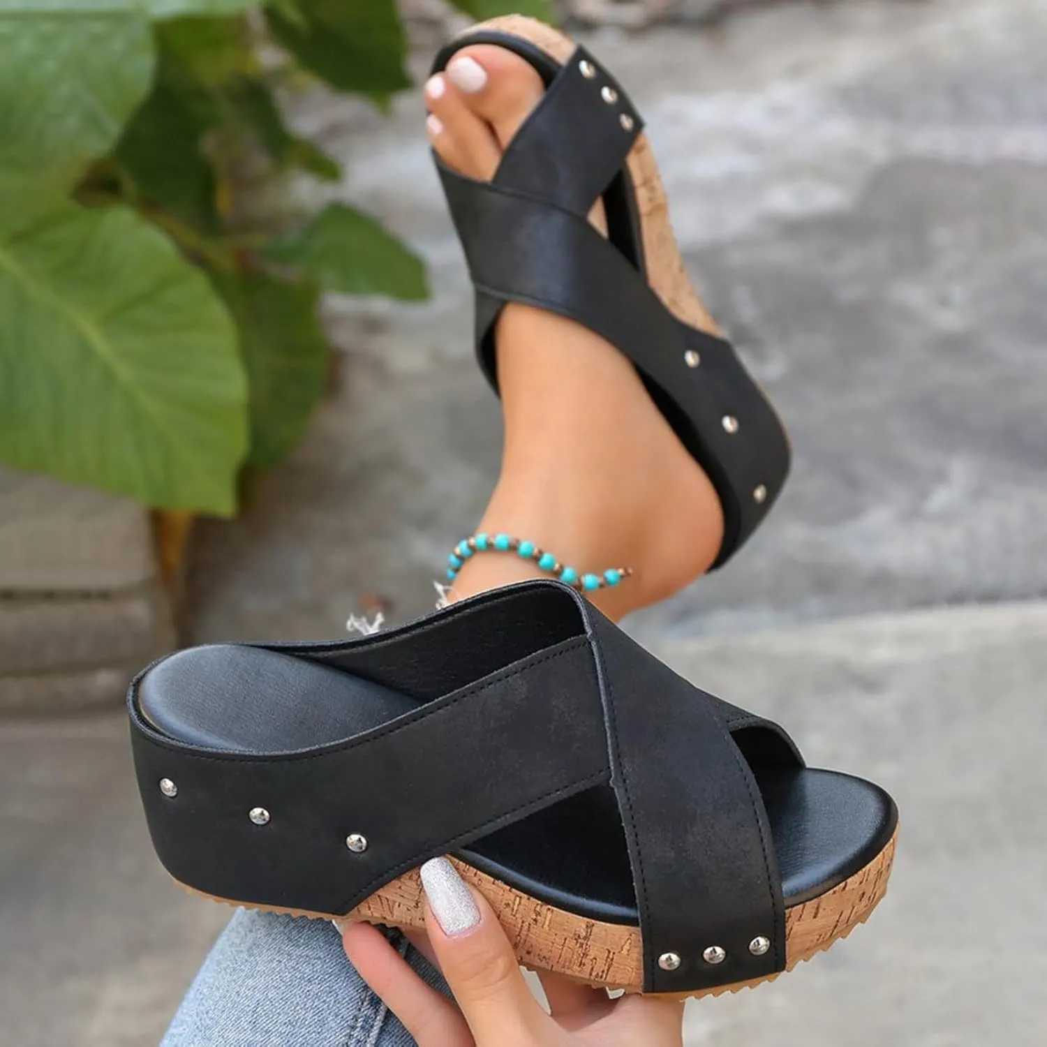 Orthopedic Wedge Sandals for Women Arch Support Comfortable Open Toe Leather Cross Strap Slippers Wide Width Summer Slip On Shoes