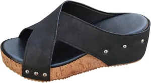 Orthopedic Wedge Sandals for Women Arch Support Comfortable Open Toe Leather Cross Strap Slippers Wide Width Summer Slip On Shoes