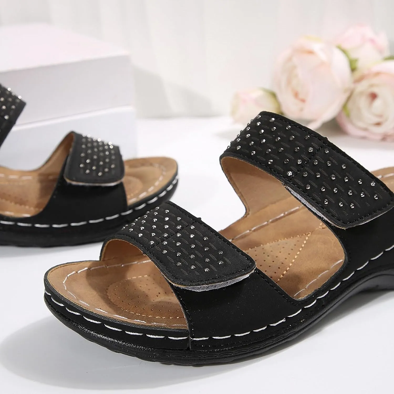 Orthopedic Wedge Sandals for Women Dressy Summer Comfortable Walking Open Toe Slip On Low Heel Flats Sandals with Arch Support Fishmouth Beach Orthotic Slippers Breathable Outdoor Trendy Slippers
