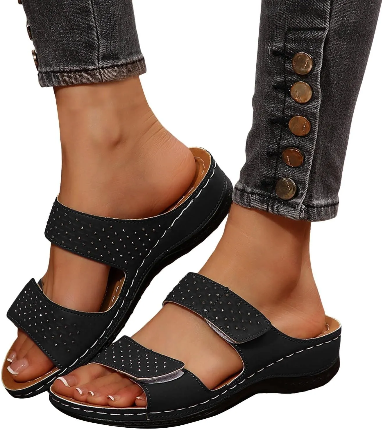 Orthopedic Wedge Sandals for Women Dressy Summer Comfortable Walking Open Toe Slip On Low Heel Flats Sandals with Arch Support Fishmouth Beach Orthotic Slippers Breathable Outdoor Trendy Slippers