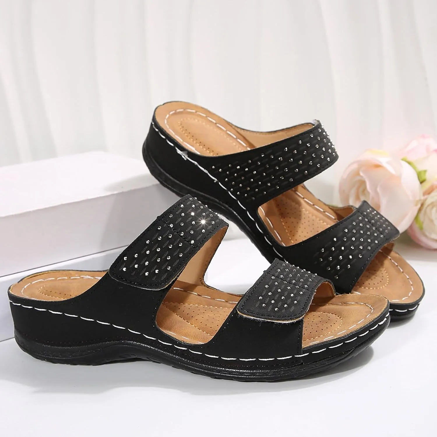 Orthopedic Wedge Sandals for Women Dressy Summer Comfortable Walking Open Toe Slip On Low Heel Flats Sandals with Arch Support Fishmouth Beach Orthotic Slippers Breathable Outdoor Trendy Slippers
