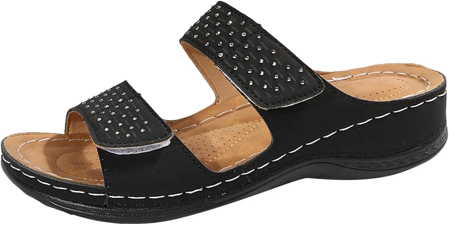 Orthopedic Wedge Sandals for Women Dressy Summer Comfortable Walking Open Toe Slip On Low Heel Flats Sandals with Arch Support Fishmouth Beach Orthotic Slippers Breathable Outdoor Trendy Slippers