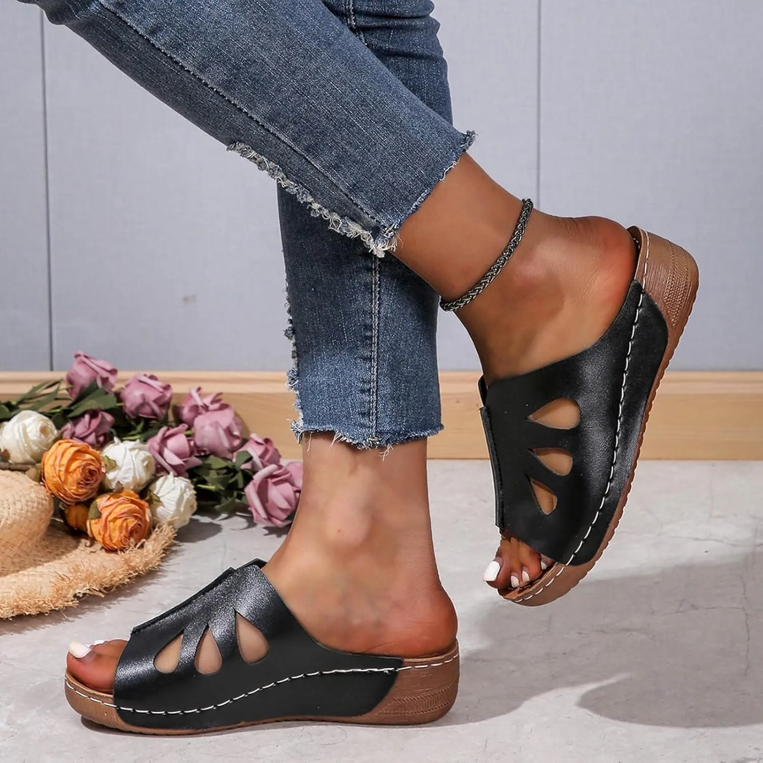 Orthopedic Wedge Sandals for Women Dressy Summer Comfortable Walking Wide Width Arch Support Platform Flip Flop Dressy Casual Bunion Breathable Slippers Beach Fishmouth Wedges Sandal