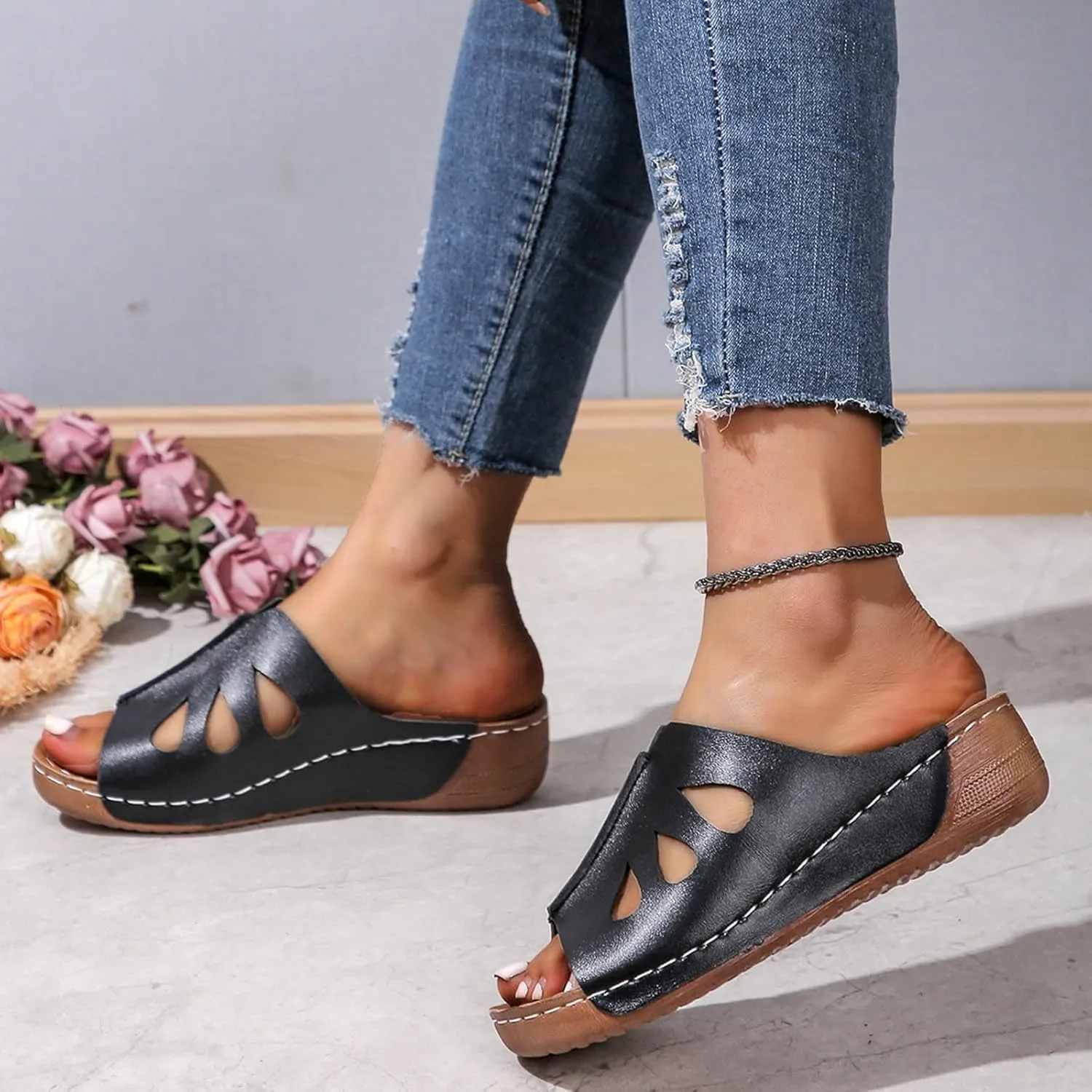 Orthopedic Wedge Sandals for Women Dressy Summer Comfortable Walking Wide Width Arch Support Platform Flip Flop Dressy Casual Bunion Breathable Slippers Beach Fishmouth Wedges Sandal