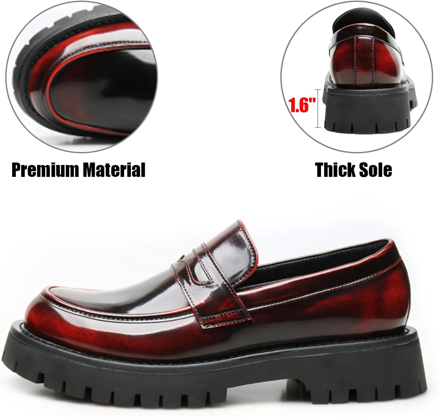 Retro Loafers for Men's Leather Platform Heightening Slip-On Dress Penny Loafers Comfortable Chunky Heel Lug Sole Non Slip Formal Business Wedding Leather Shoes