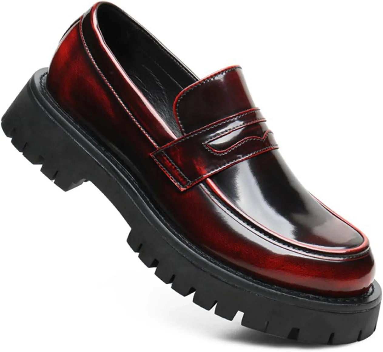 Retro Loafers for Men's Leather Platform Heightening Slip-On Dress Penny Loafers Comfortable Chunky Heel Lug Sole Non Slip Formal Business Wedding Leather Shoes