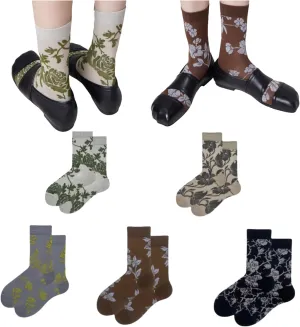 Retro Relief Crew Socks Plants Flowers Trendy Vintage Boho Design Soft Girls Women for Boots Loafers Tennis Sneaker