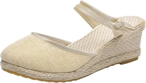 Sandals for Women Dressy Summer 2025 Casual Closed Toe Ankle Strap Retro Platform Wedges Shoes Low Heel Slingback Heels Espadrilles Wedge Slip On Sandal Walking Elegant Wedding Going Out