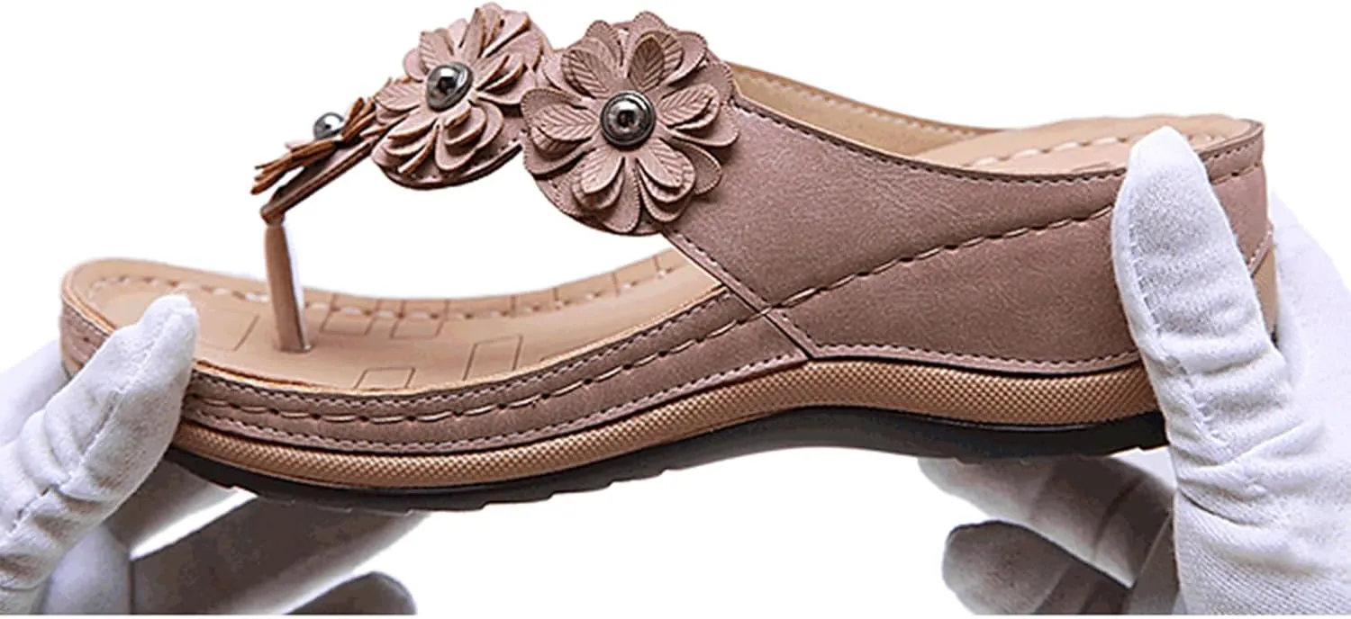 Sandals Women Wedge Shoes Summer Dressy Flip Flops Flower Wide Width Orthopedic Sandals with Arch Support Comfortable Platform Footwear Casual Walking Wedges Sandal Beach Walking Outdoor Slippers
