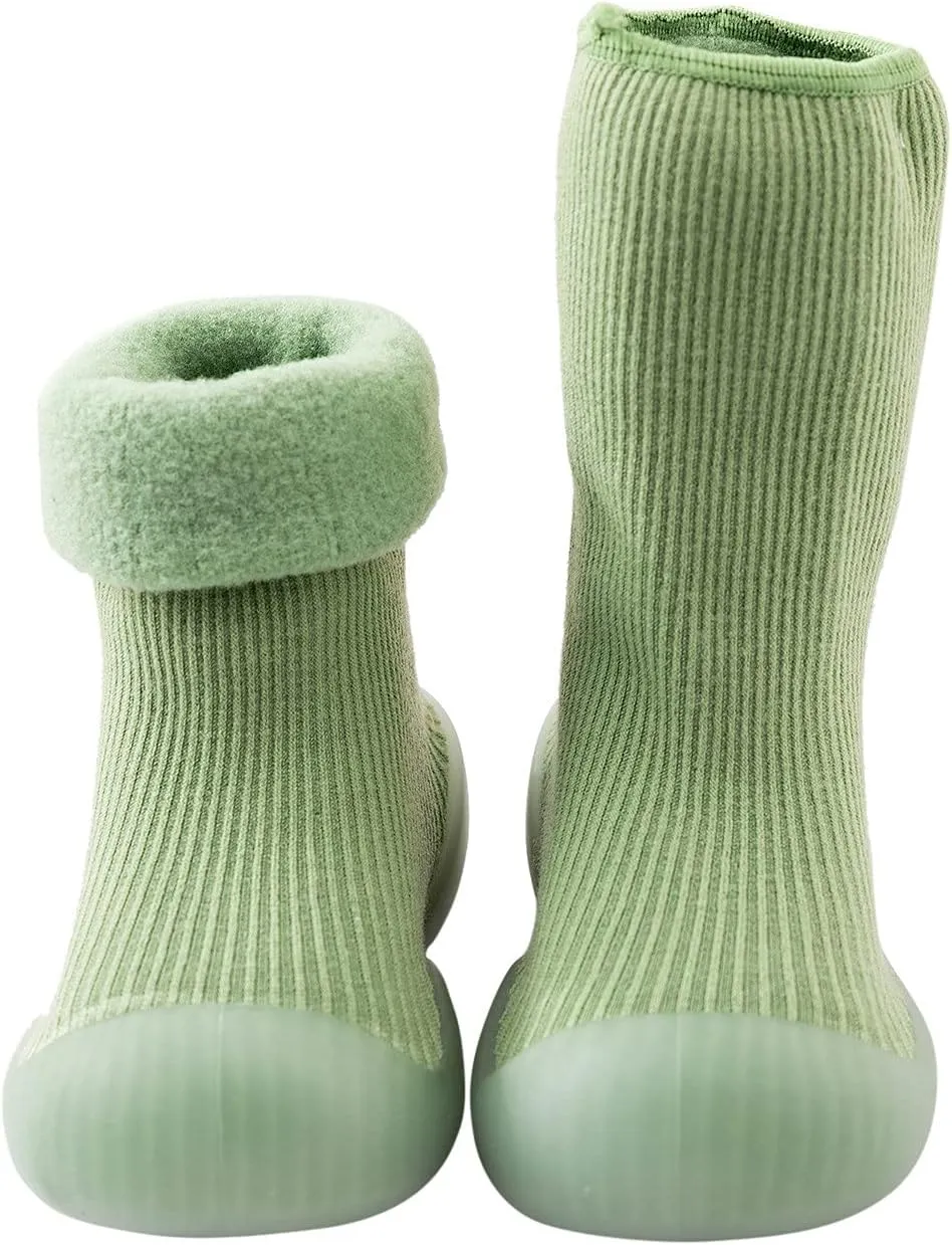 Toddler Baby Boys Girls Sock Shoes Solid Warm Knit Soft Sole Rubber Shoes Woolen Fleece Stocking Long Slipper