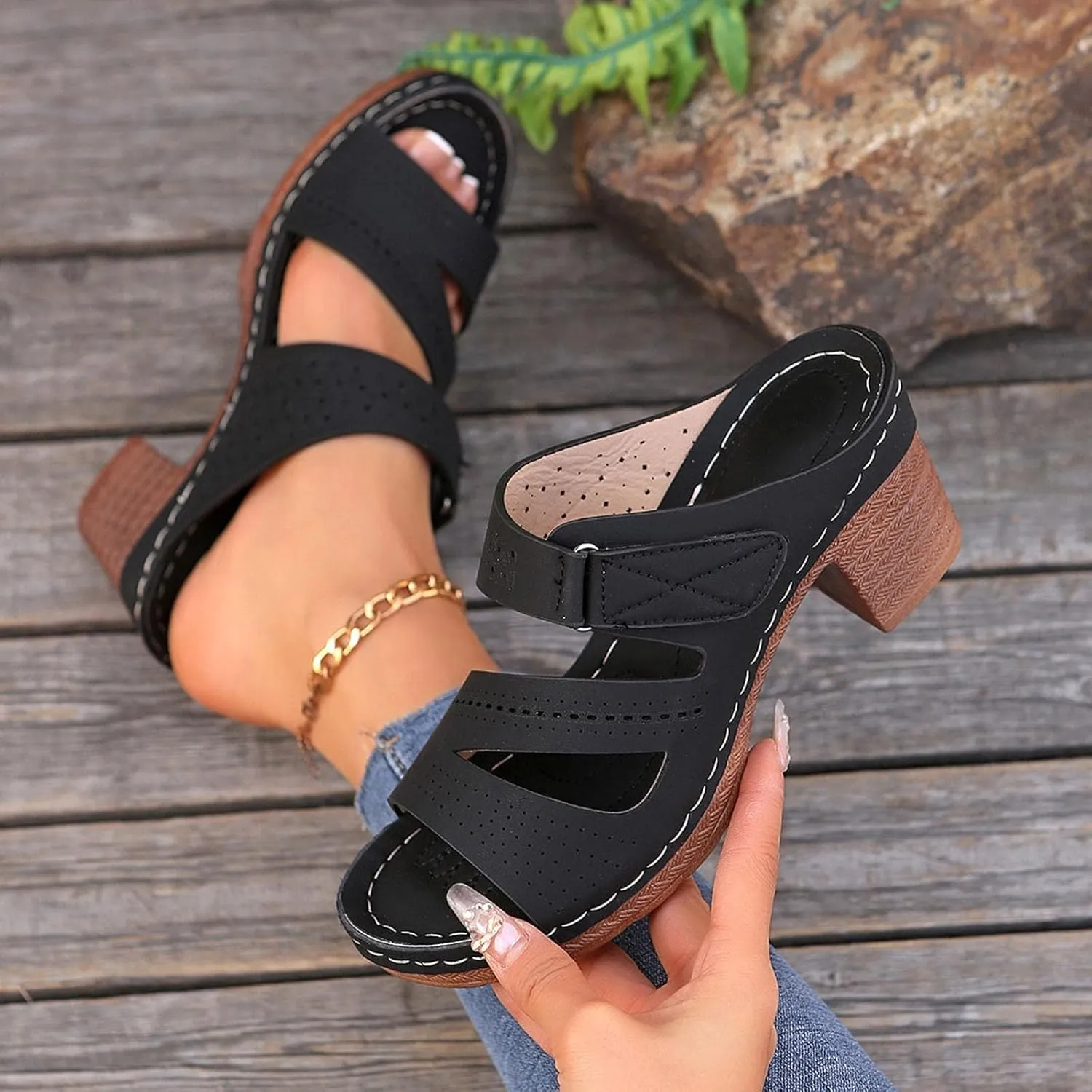 Wide Width Sandals Chunky Low Block Heel Mules for Women Open Toe Slip On Block Chunky Mid Heels Slippers Comfortable Dressy Arch Support Casual Sandals Back Adjustable Strap Breathable Walking Shoes