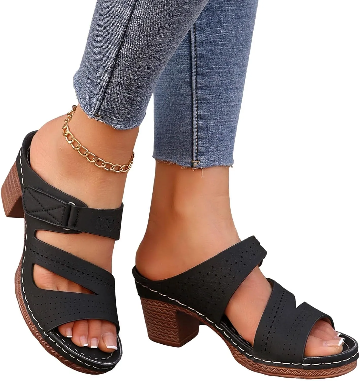 Wide Width Sandals Chunky Low Block Heel Mules for Women Open Toe Slip On Block Chunky Mid Heels Slippers Comfortable Dressy Arch Support Casual Sandals Back Adjustable Strap Breathable Walking Shoes