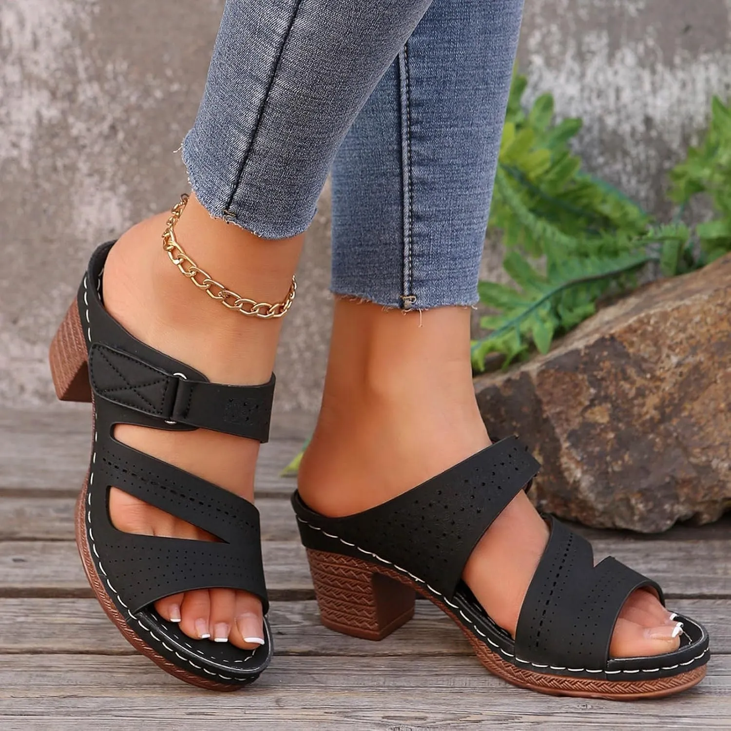 Wide Width Sandals Chunky Low Block Heel Mules for Women Open Toe Slip On Block Chunky Mid Heels Slippers Comfortable Dressy Arch Support Casual Sandals Back Adjustable Strap Breathable Walking Shoes
