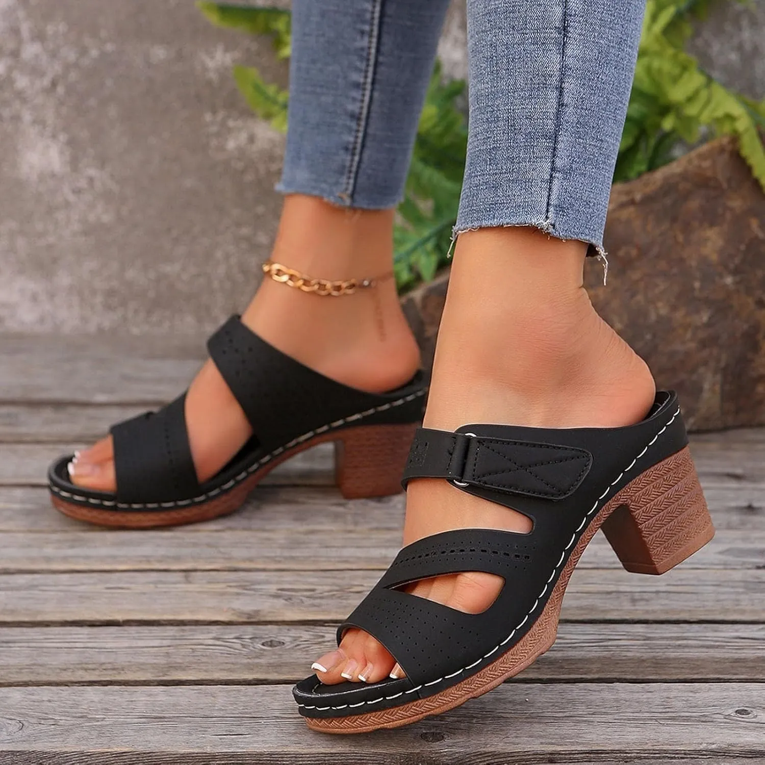Wide Width Sandals Chunky Low Block Heel Mules for Women Open Toe Slip On Block Chunky Mid Heels Slippers Comfortable Dressy Arch Support Casual Sandals Back Adjustable Strap Breathable Walking Shoes