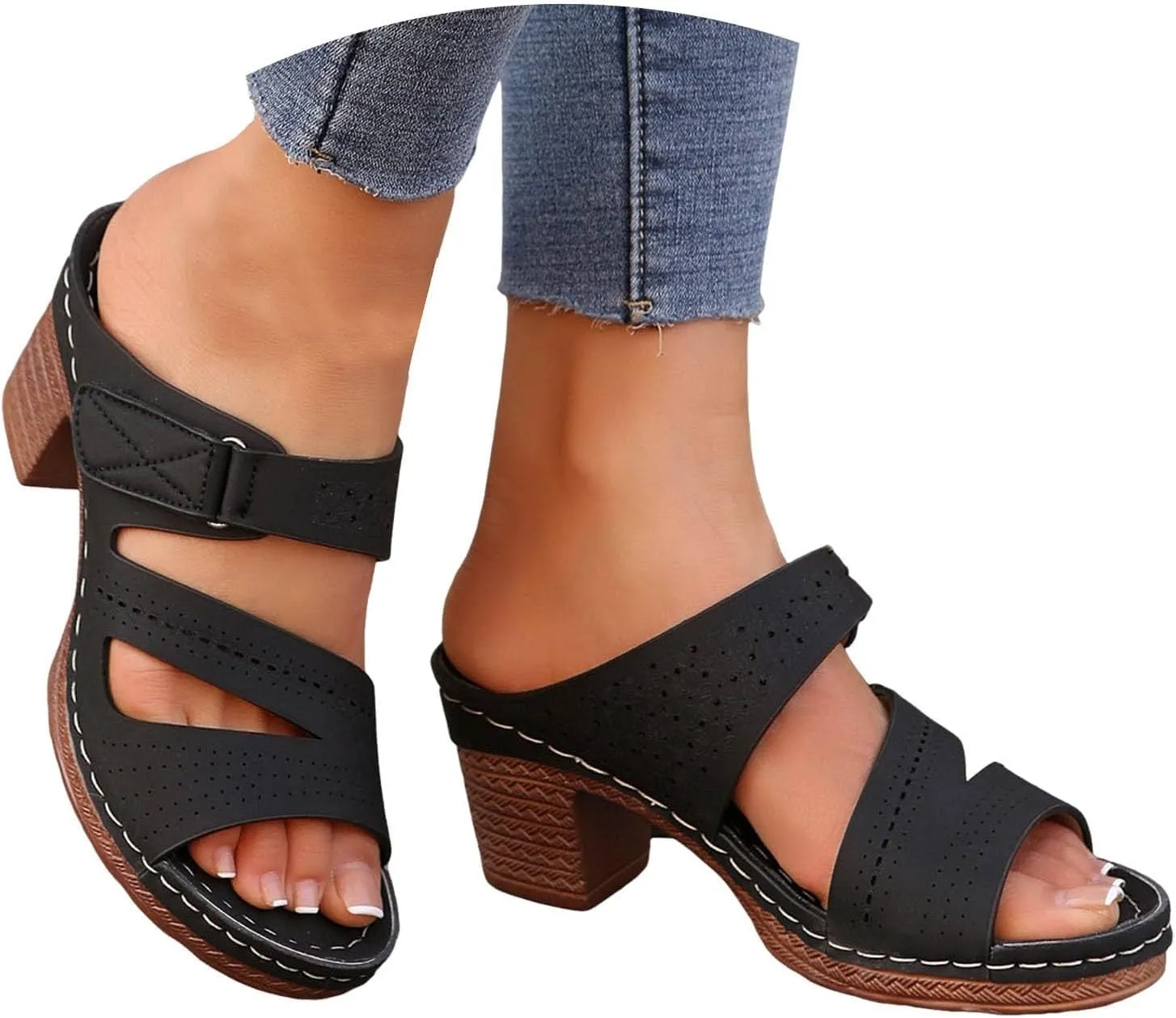 Wide Width Sandals Chunky Low Block Heel Mules for Women Open Toe Slip On Block Chunky Mid Heels Slippers Comfortable Dressy Arch Support Casual Sandals Back Adjustable Strap Breathable Walking Shoes