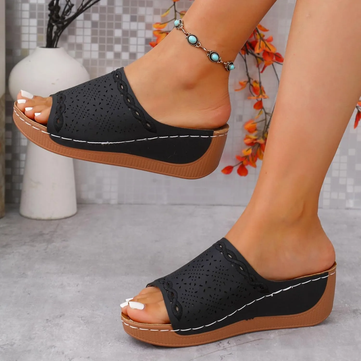 Women Comfortable Sandals Orthotic Walking Orthopedic Arch Support Sandals Open Toe Slip On Damping Sole Slippers Hollow Out Summer Orthopedic Platform Wedge Sandal Lightweight Walking Beach Slippers