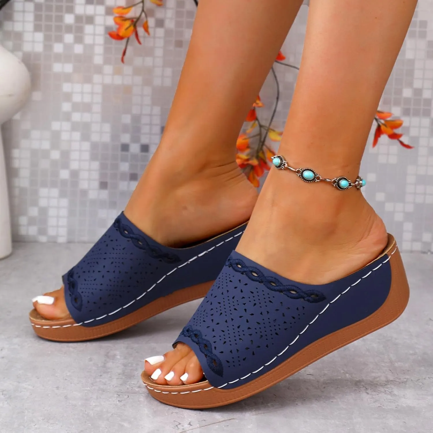Women Comfortable Sandals Orthotic Walking Orthopedic Arch Support Sandals Open Toe Slip On Damping Sole Slippers Hollow Out Summer Orthopedic Platform Wedge Sandal Lightweight Walking Beach Slippers